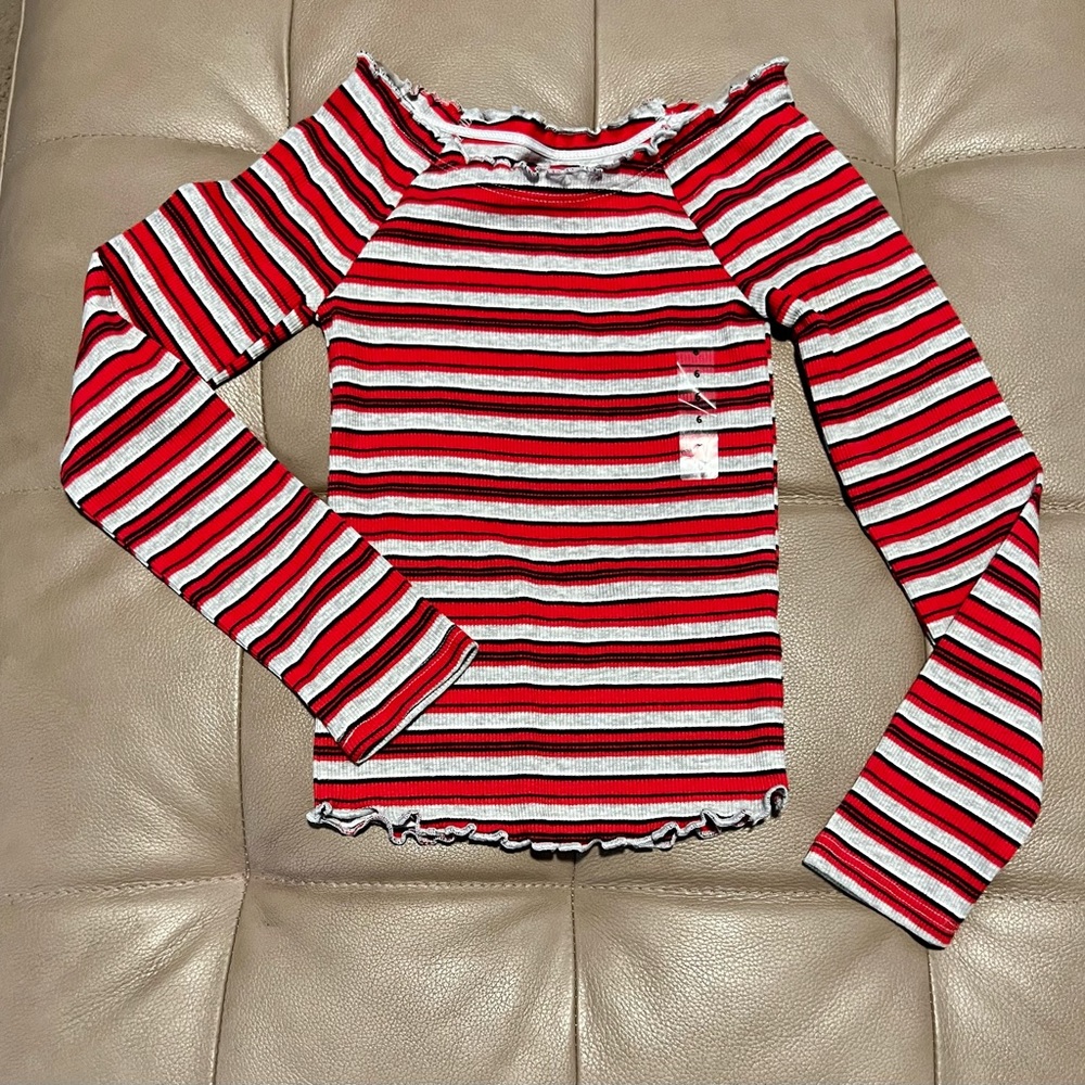 Justice girls 6 grey red stripe long sleeve top lettuce curly hem NWT